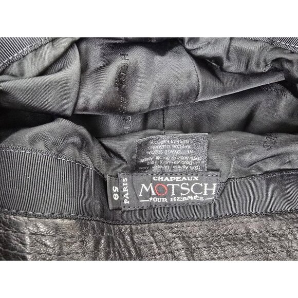 RARE Vtg Motsch pour HERMÈS Black Leather Cap Size 58 Flat Cap Ear Flaps PARIS - Picture 5 of 7